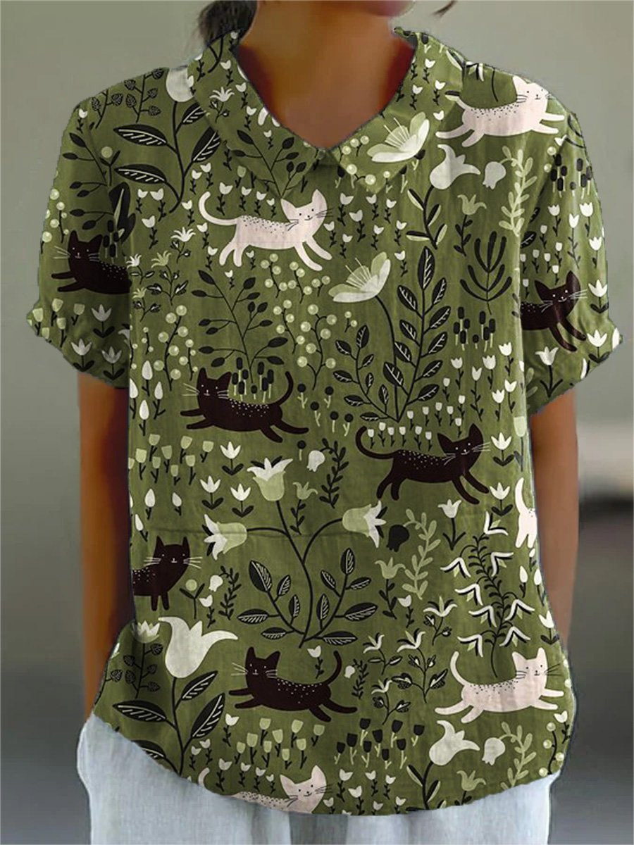 Women's  Cat Flower Art Print Casual Cotton And Linen Shirt