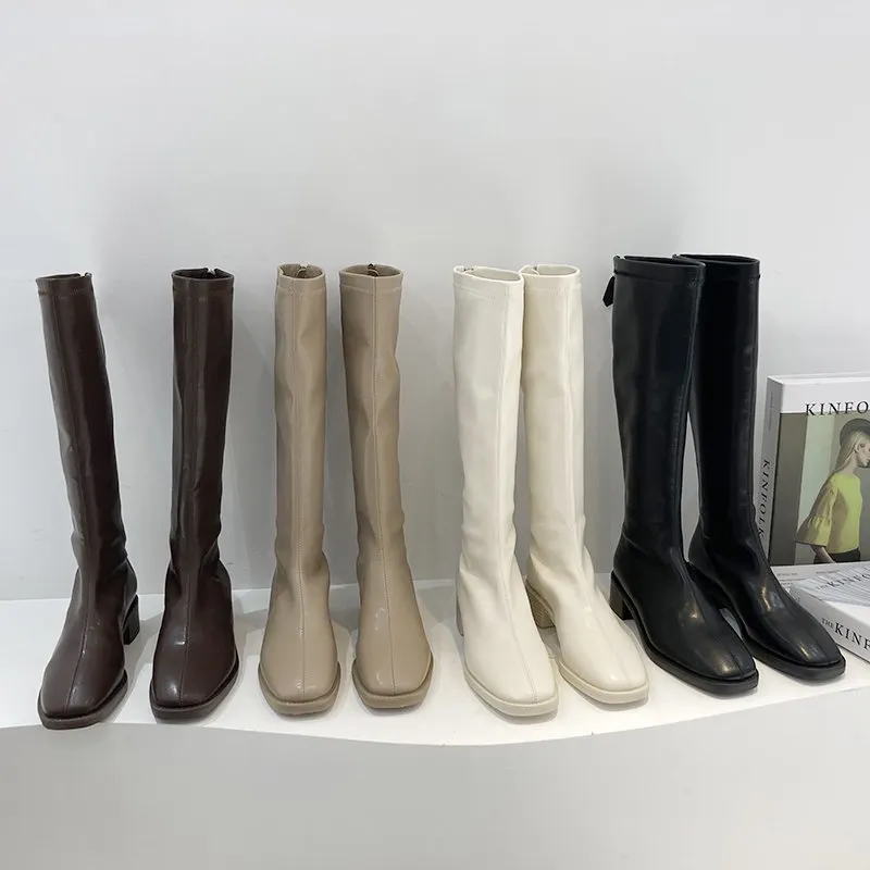 2021 INS New Women Knee Boots Lady Winter Designers Square Toe Shoes Thigh High Boots Female Fashion Leather Long Boots Casual