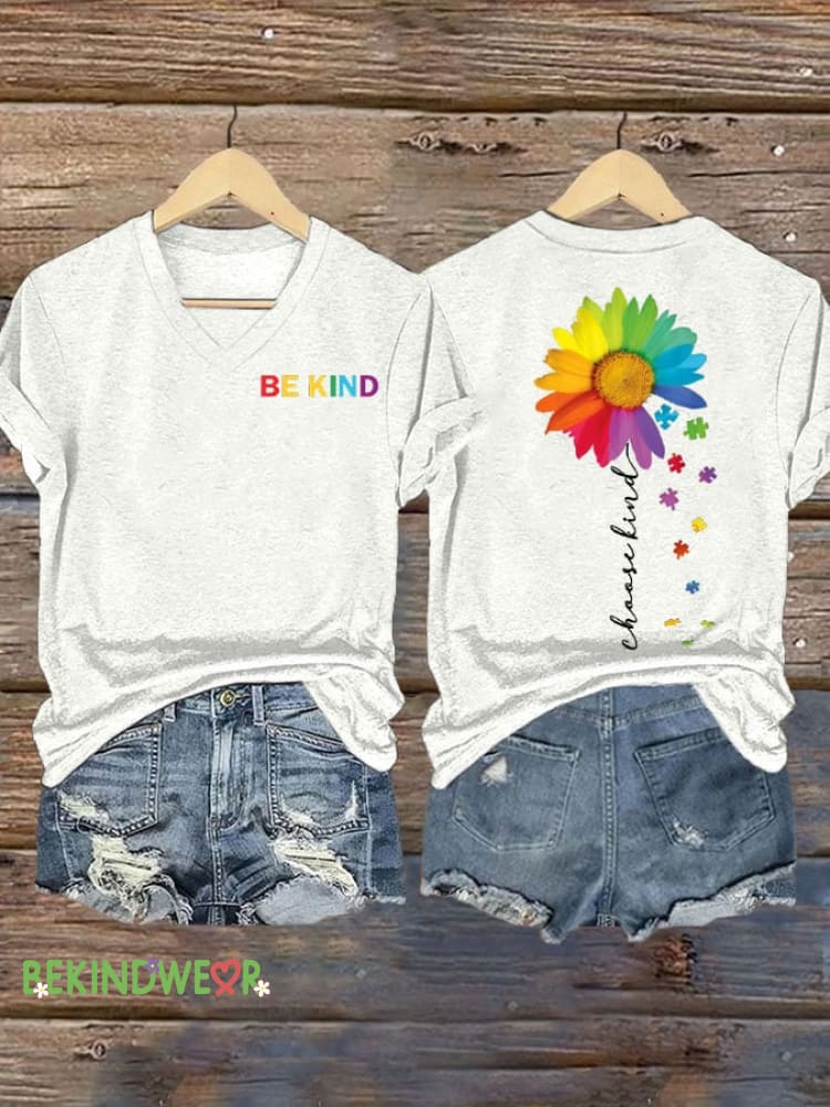 Womens Autism Awareness Please Be Kind Printed V Neck T-Shirt White / S