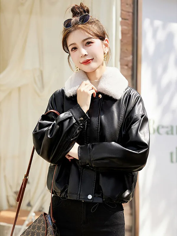 Athvotar Athvotar Fur Collar Plus Velvet Coat Women 2025 Winter New Small Loose PU Locomotive Jacket Jacket