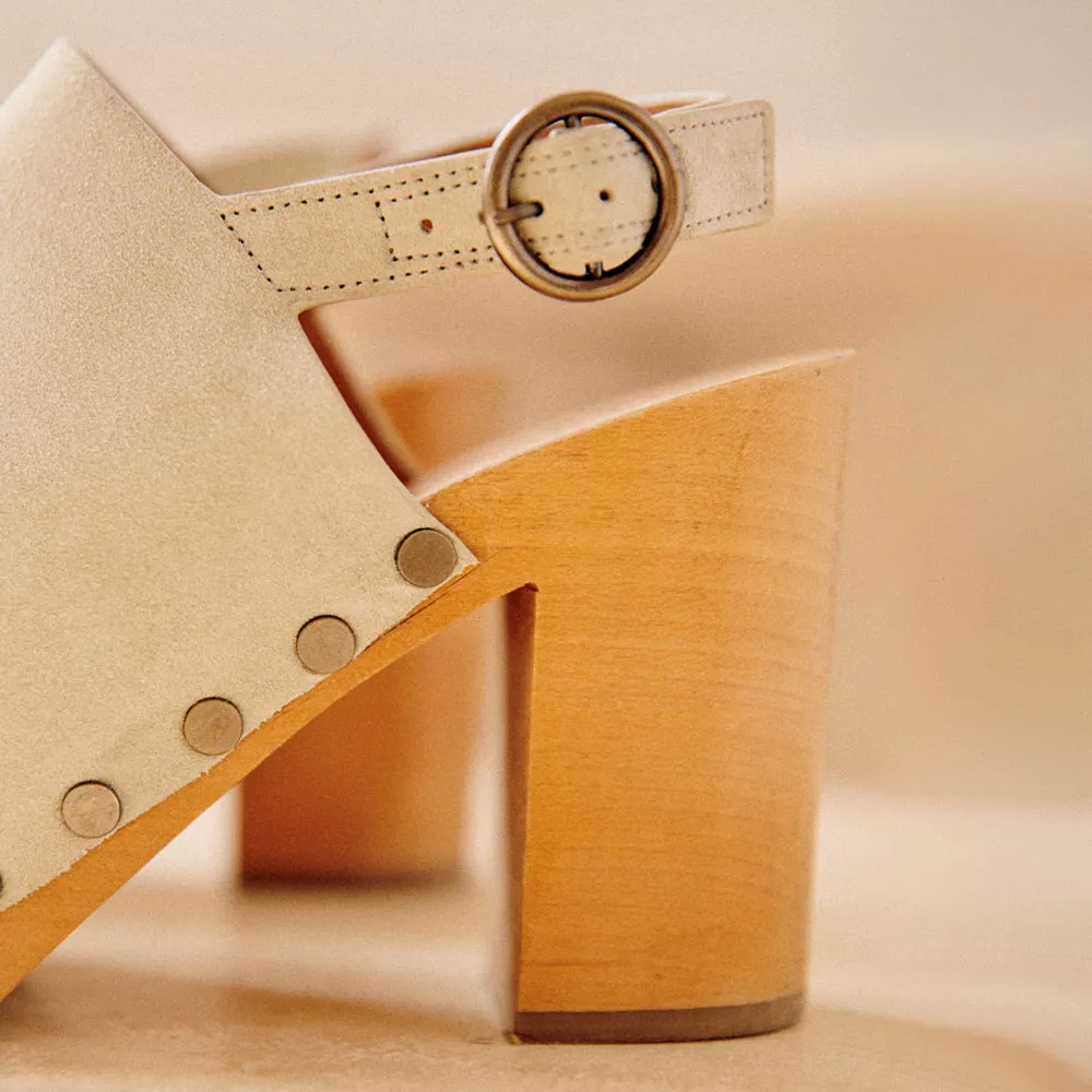 Vegan Suede Peep Toe Studded Platform Slingback Heeled Clogs in Beige