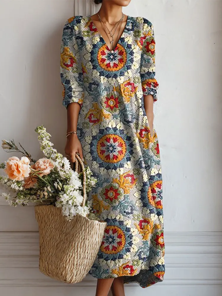 Women's Vintage Flower Art Print Linen Pocket Tunic Dress