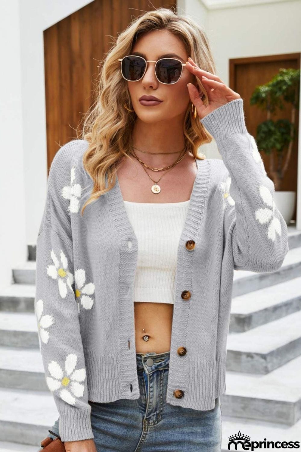 Floral Ribbed Trim Drop Shoulder Cardigan