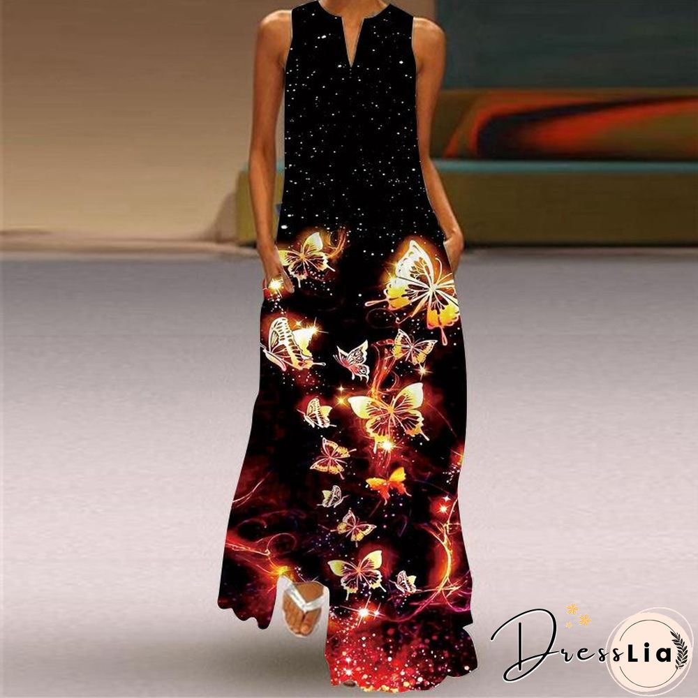 V-Neck Butterflies Printed Sleeveless Dress