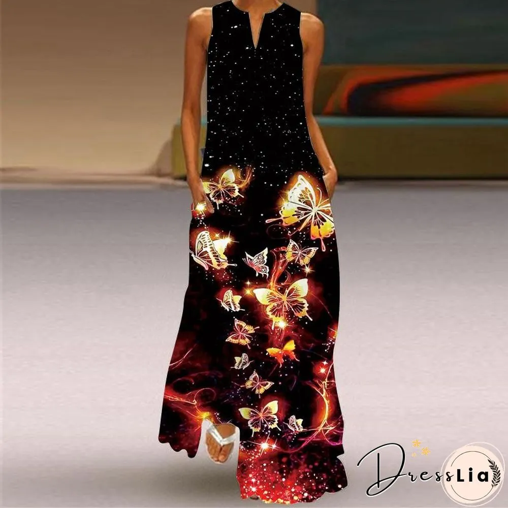 V-Neck Butterflies Printed Sleeveless Dress