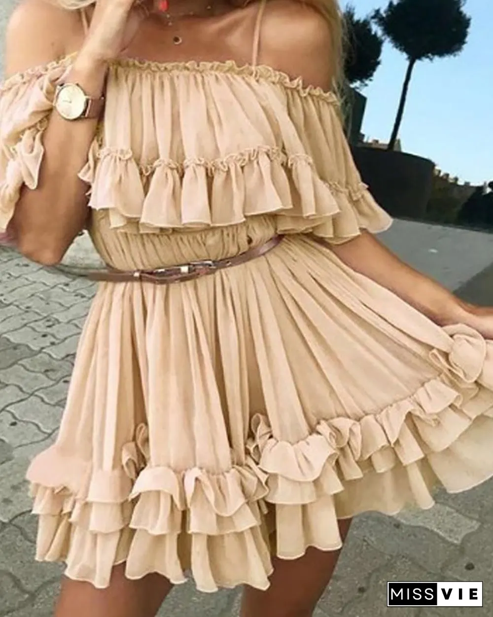 Cold Shoulder Frill Layered Ruffles Dress P10875