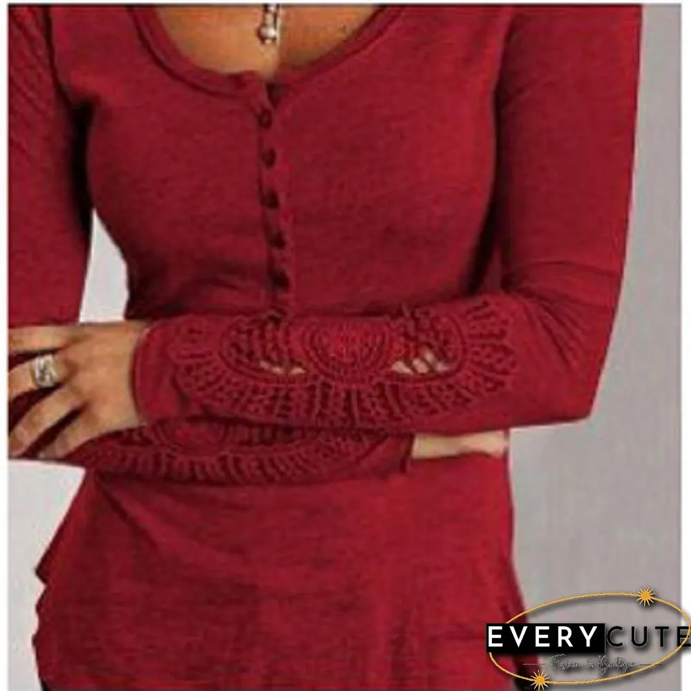 Round Neck Plain Slim Hollow Long Sleeve Top