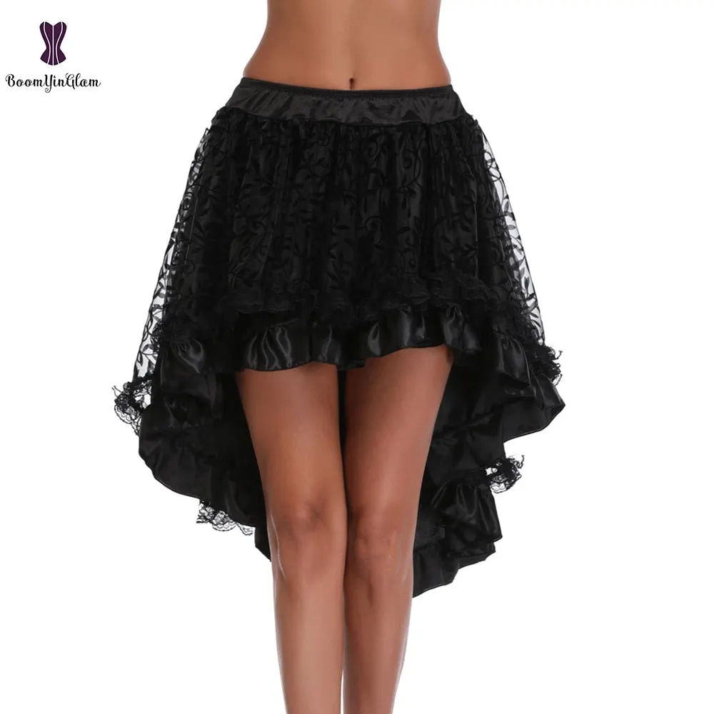 Plus Size Victorian Asymmetrical Ruffled Satin Lace Trim Gothic Skirts Women Corset Vintage Steampunk Skirt 937#