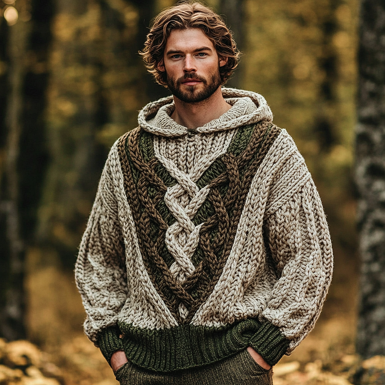 Men's Irish Celtic Knotted Chunky Knit Hooded Sweater