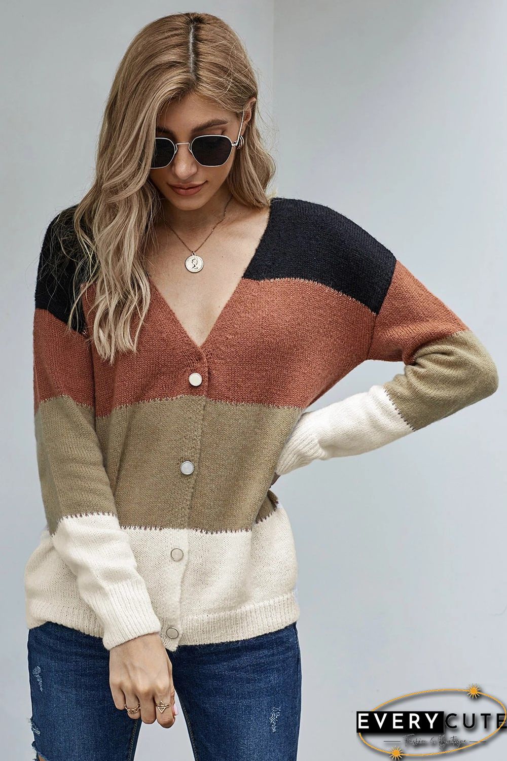 Multicolor V Neck Buttoned Closure Colorblock Sweater Cardigan