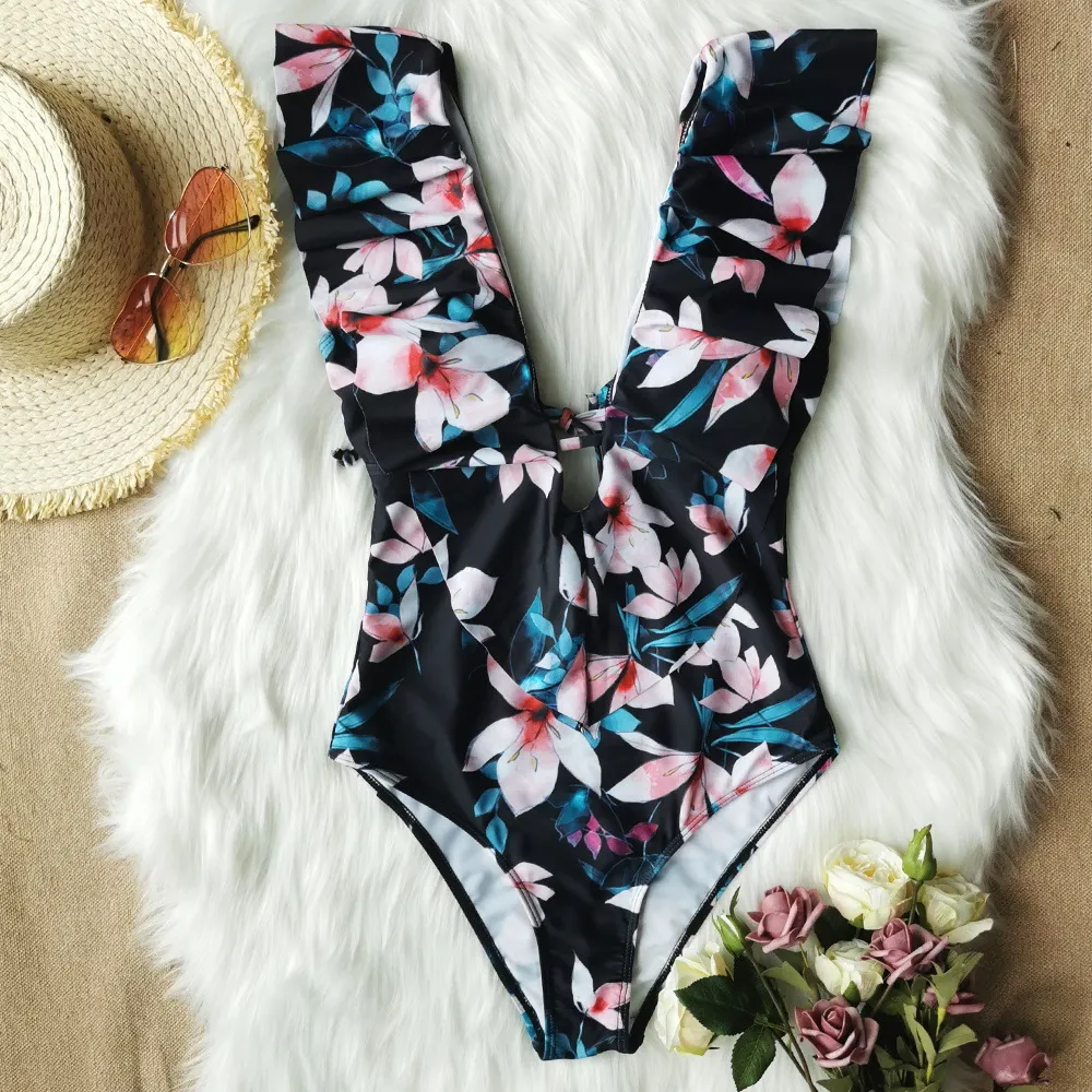 Churchf Printed Flowers Even Lotus Leaf Side Body Swimsuit Women 2025 New Swimsuit Bare Back