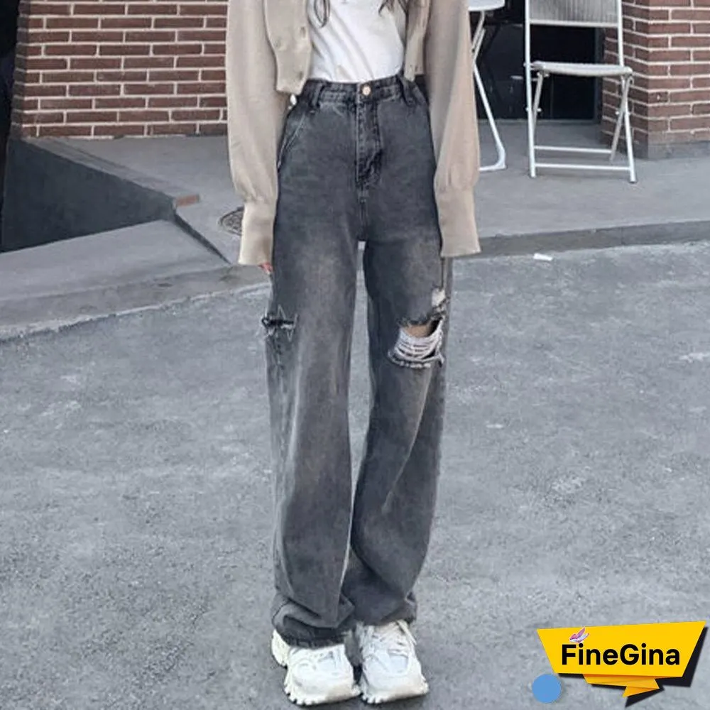 Ripped Jeans New Straight High Waist All-match Distressed Women's Pants Streetwear Loose Wide Legs Women's Fashion Jeans