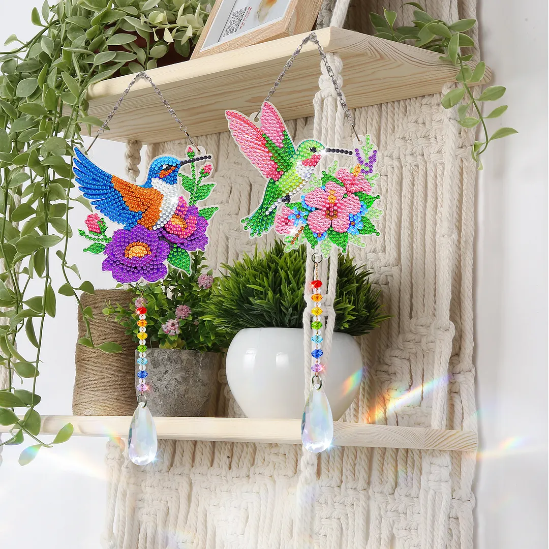 2Pcs Hummingbird Carrying Flowers DIY Double-Sided Diamond Painting Hanging Kits Diamond Painting Suncatcher Craft Kit for Home Garden Wall Decor Gift