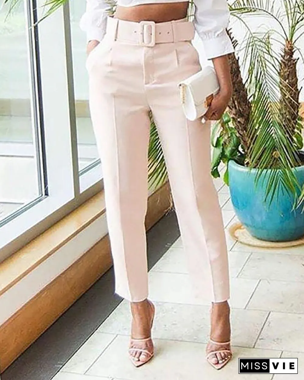 Pocket Design Solid Tailored Pants P14089