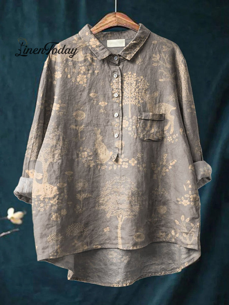 Women&rsquo;s Vintage Lovely Animals Woodland Pattern Art Print Casual Cotton And Linen Shirt