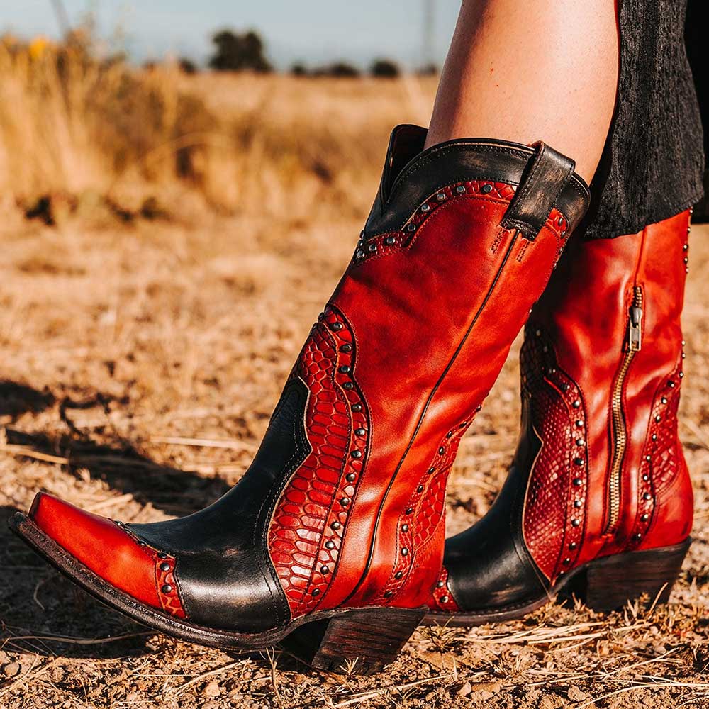 Red & Black Python Patchwork Snip Toe Studded Mid-Calf Cowgirl Boots