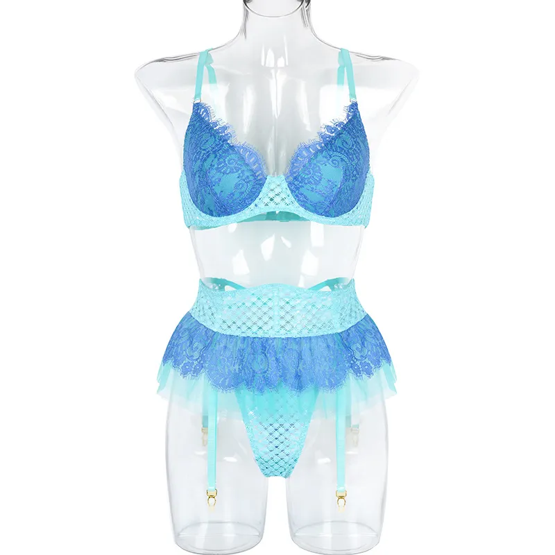 Billionm Sexy Lingerie Women Intimates Lace Underwear Set Push Up Bra Fish Net Nightwear Mesh Sheer See Through Sets Patchwork Color