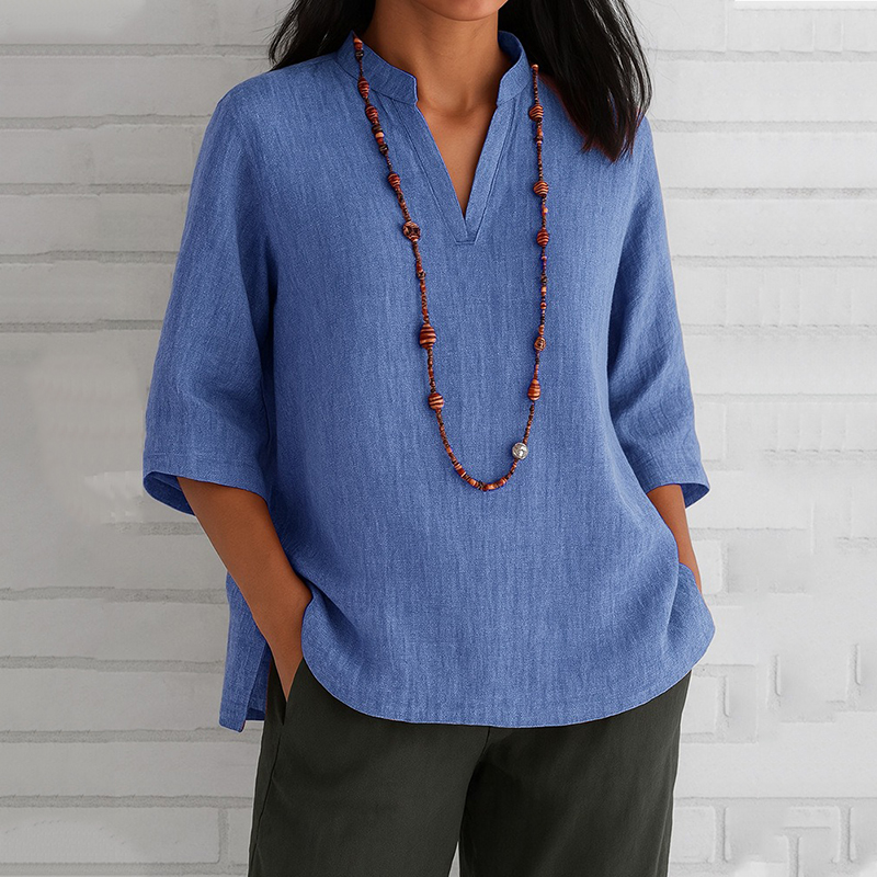 Vintage Solid Color V-neck Linen Blend Shirt