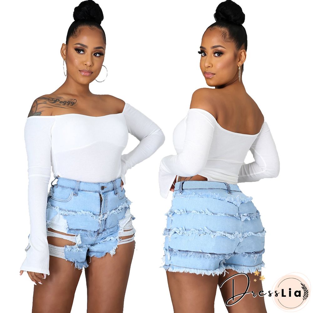 Summer Sexy Patchwork Women Ripped High Waist Holes Stretch Streetwear Plus Size Denim Shorts