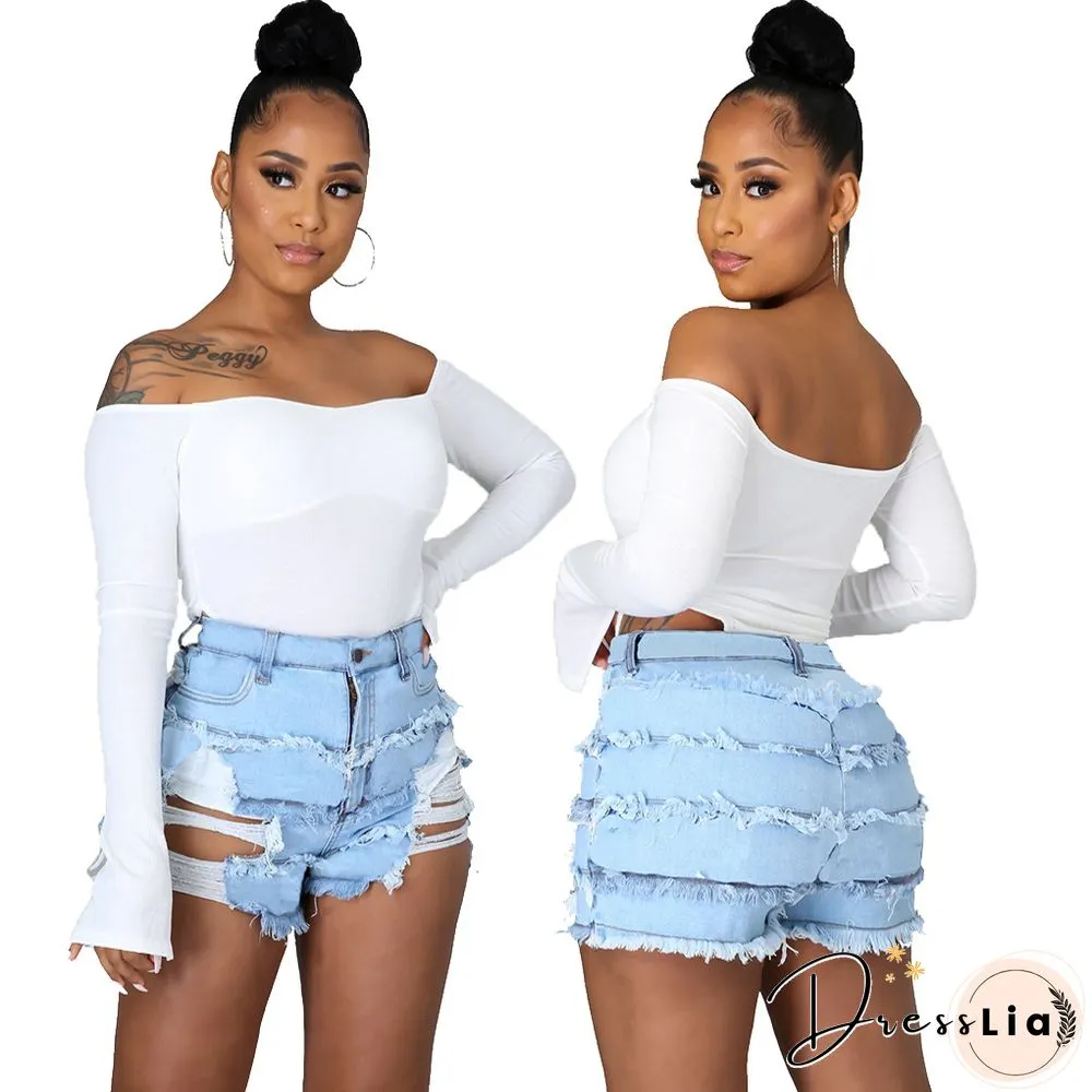 Summer Sexy Patchwork Women Ripped High Waist Holes Stretch Streetwear Plus Size Denim Shorts