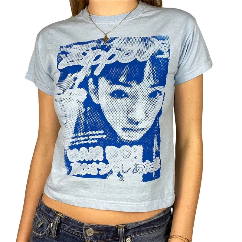 Xingqing Y2K Summer Short Sleeve T-shirt Girls Creative Figure Printing Round Collar Tops Slim Base Shirt Harajuku Tee Top