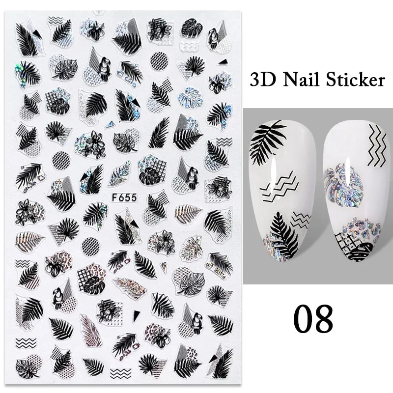 1PC iridescent Gold Black White 3D Nail Sticker Leaves Geometric Tropical Beach Decals DIY Slider Decoration Manicures-Nail Inspo
