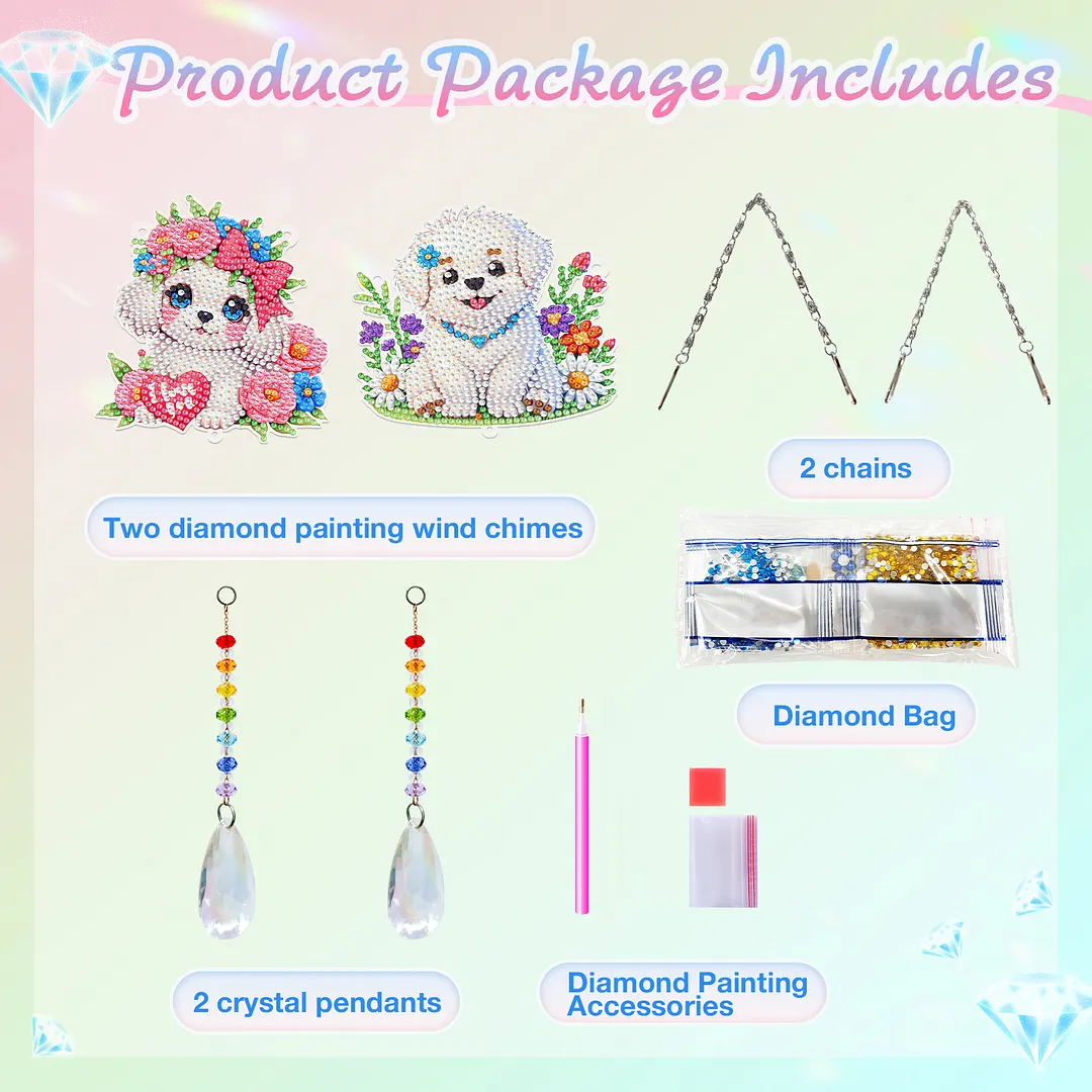 2Pcs Dog DIY Acrylic Diamond Painting Art Wind Chimes with Crystal Pendant Diamond Art Hanging Pendant Double-Sided for Adults Beginners Gift Home Garden Decor