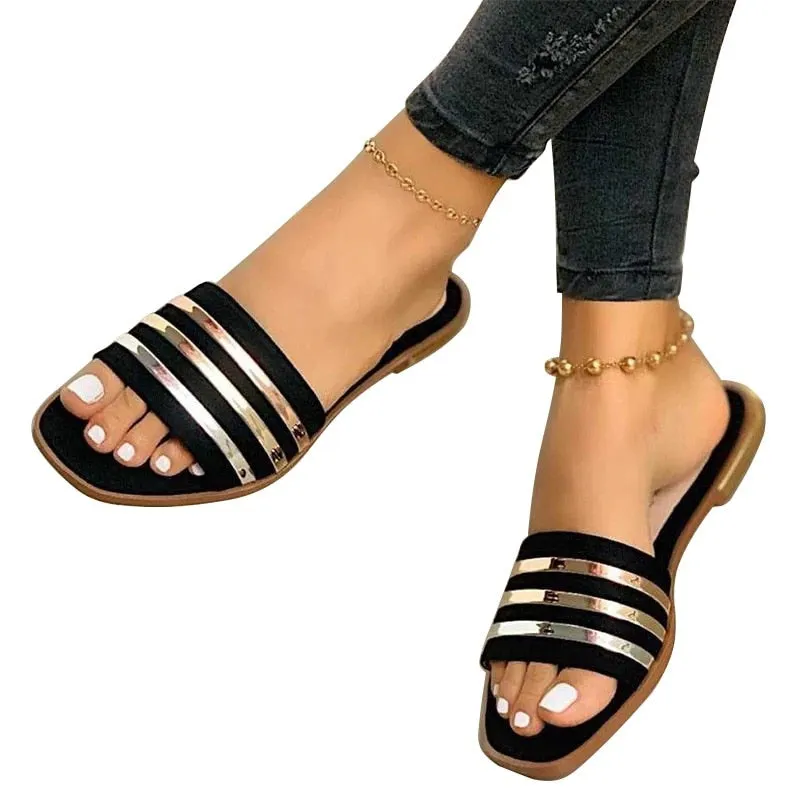 Ladies Slippers Beach Summer Shoes 2021 New Women Slip On Bling Gold Flat Slides Outdoor Shoes Female Casual Sandals Plus Size43