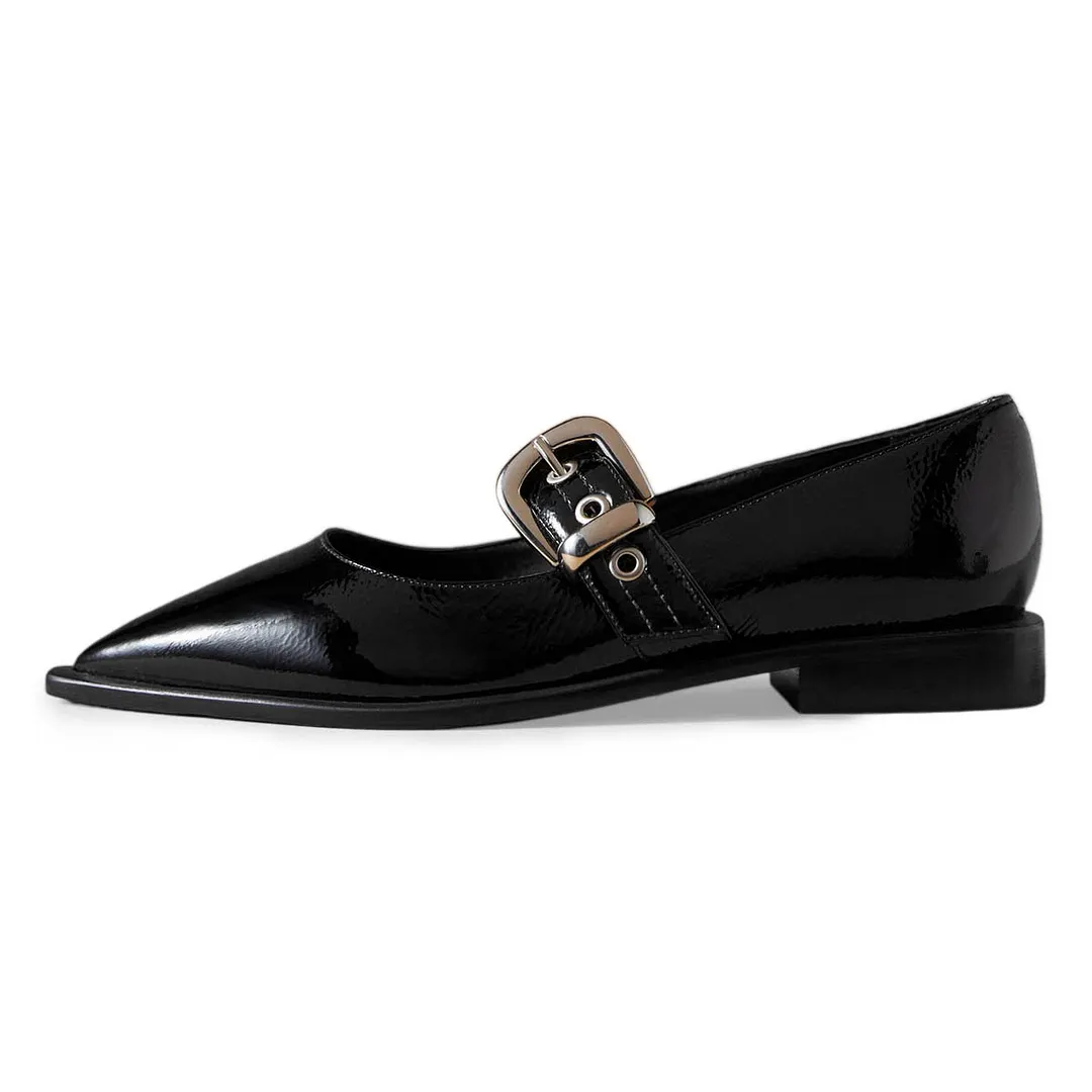 Patent Leather Pointed Toe Flat Buckle Strap Mary Jane Shoes in Black