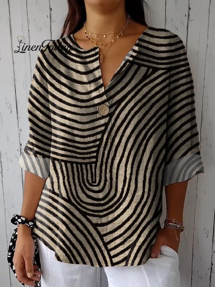Women&rsquo;s Geometric Hand Drawn Circle Line Pattern Printed Casual Cotton Linen Shirt Multicolor / S