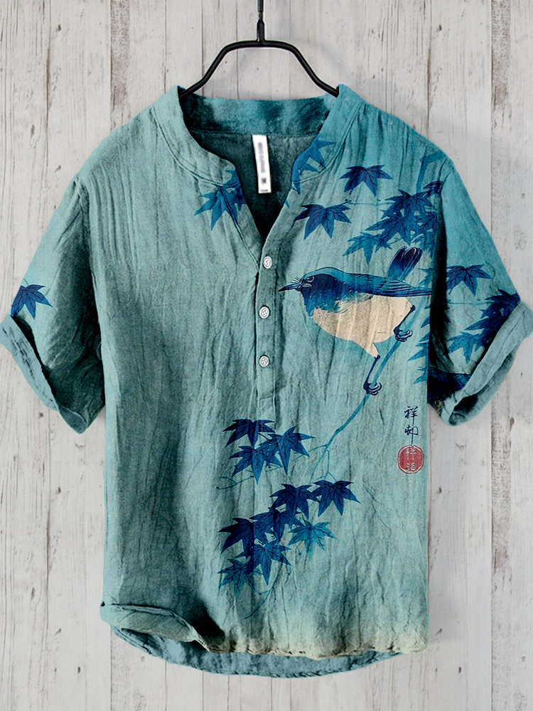 Bluebird on a Maple Branch Japanese Art Linen Blend Shirt