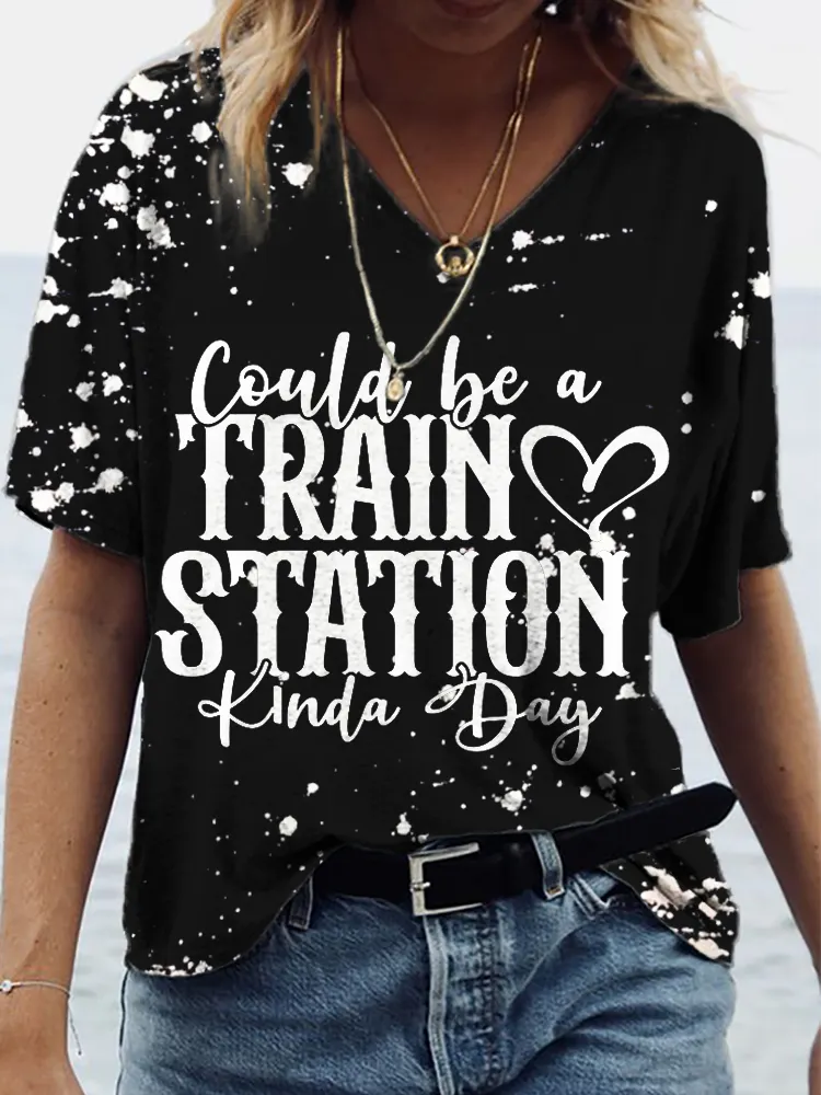 Western Train Station V Neck Casual T Shirt