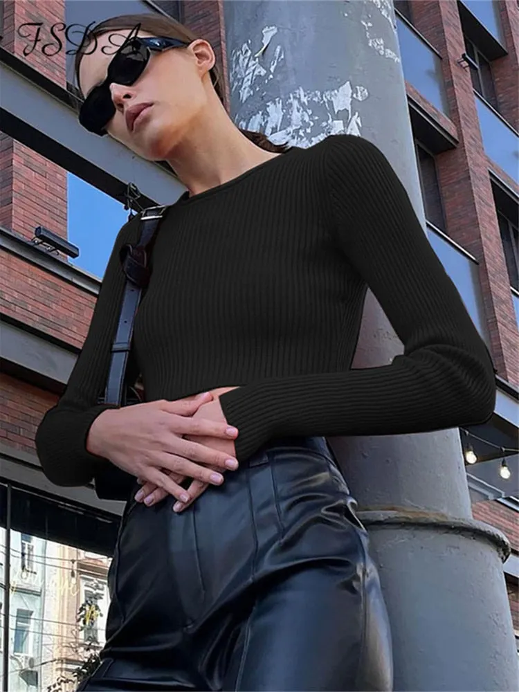 2022 Autumn Winter Long Sleeve Sweater Cropped Women Green Y2K White Casual Pullover Knitted Fashion Black Jumper Tops