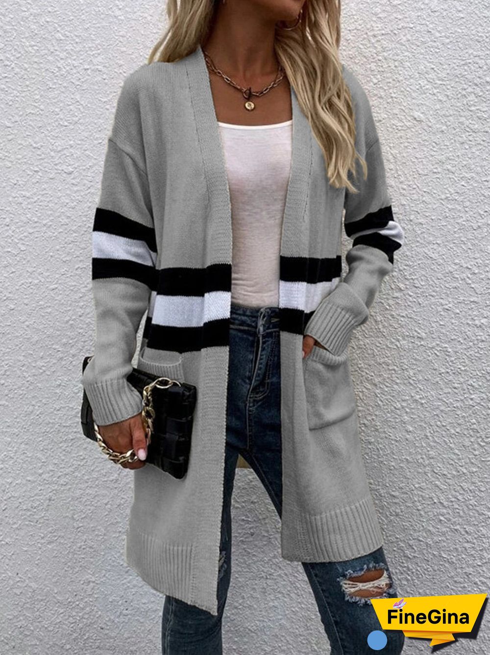 Women's V-neck Stitching Sweater Cardigan Jacket Mid-length Coat