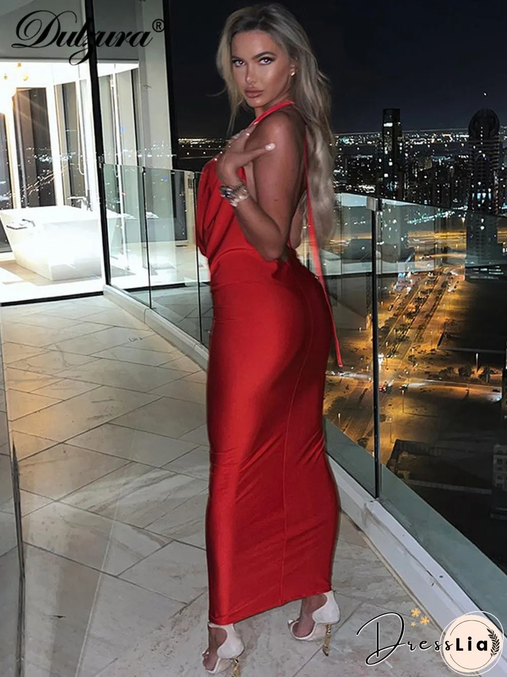 Chic Bling Women Evening Halter Maxi Dress Pile Collar Backless Bodycon Sexy Party Elegant Club Birthday Festival Outfit
