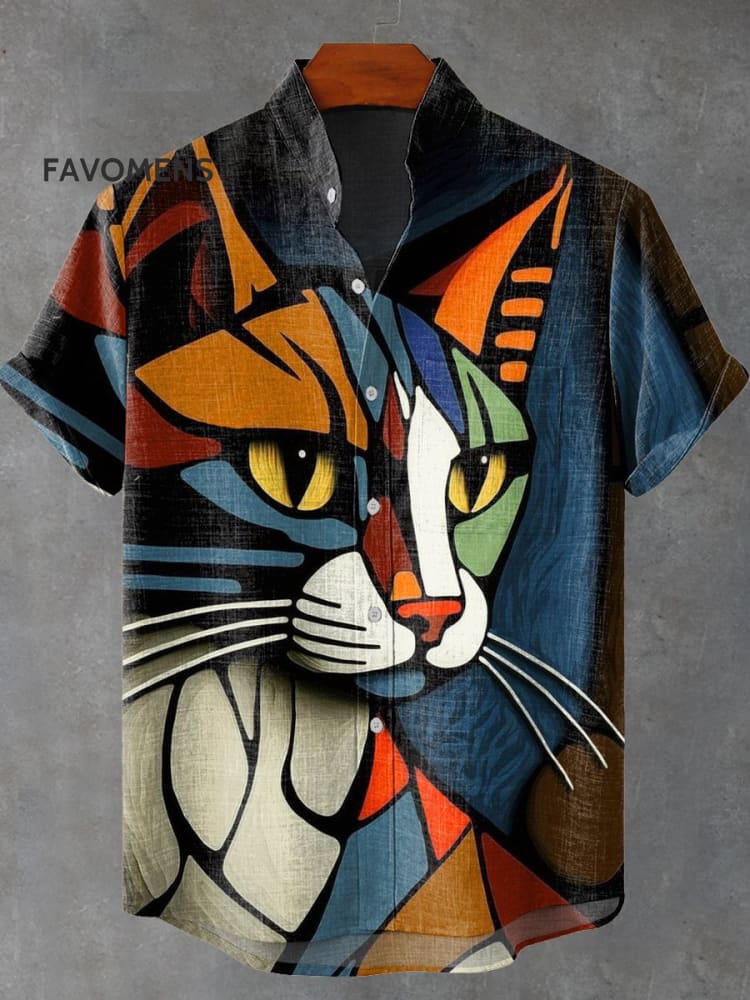 Abstract Art Cat Print Casual 100% Cotton Shirt / S