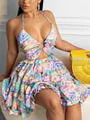 Halterneck Hollow Falbala Backless Floral Print Mini Dress