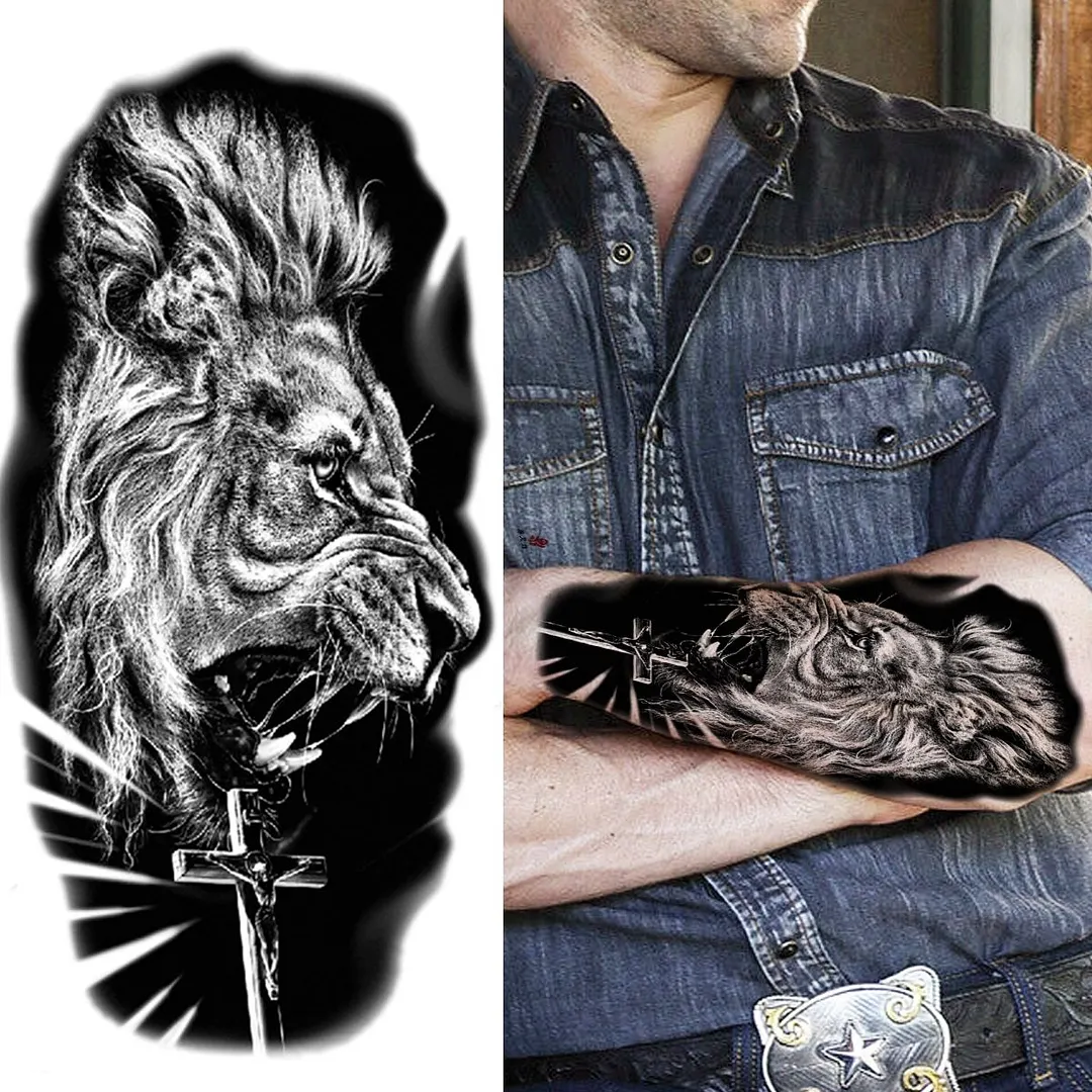 Forest Tiger Temporary Tattoos For Men Women Kids Lion Skull Cross Tattoo Sticker Black Compass Skeleton Tatoos Leg Thigh 1108