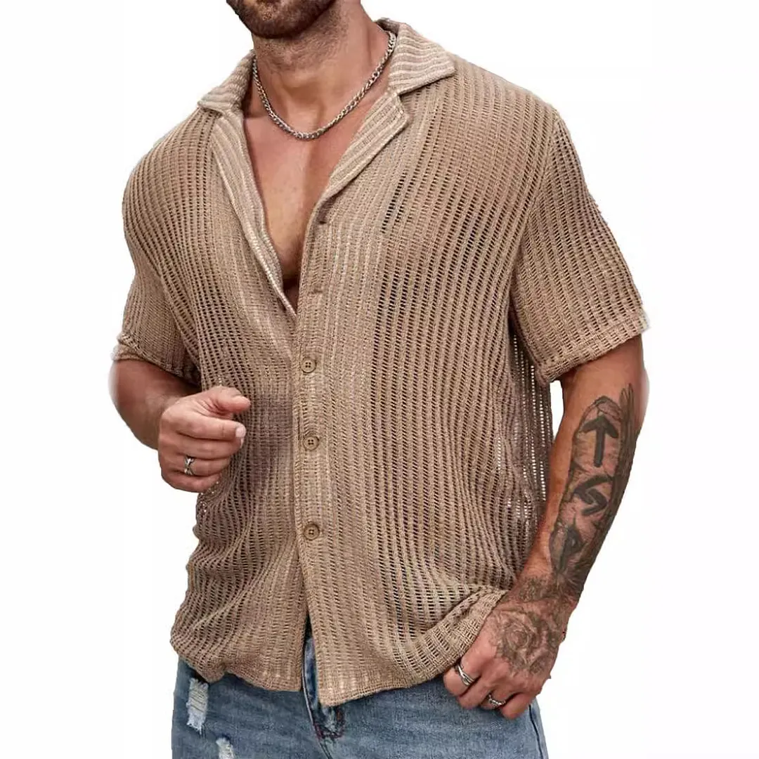 Brownm Brownm Men's Summer Cool Shirt Men's Casual Knit Hollow Out Breathable Short Sleeved Lapel Fashion Men's Wear