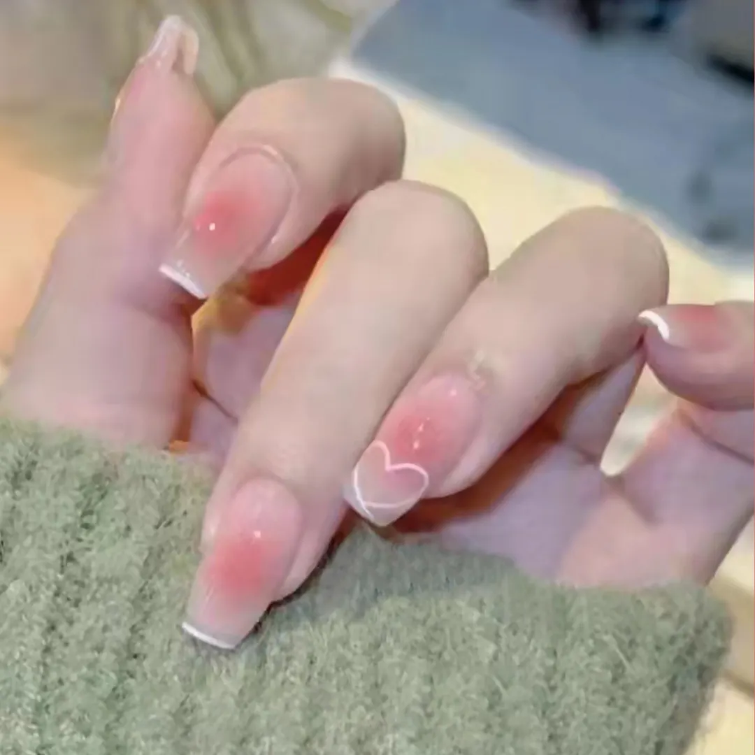 24Pcs Coffee Color With Grids Heart Designs False Nail Full Cover Fake Nails with Glue Detachable Wearable Manicure Nail Tips-Nail Inspo