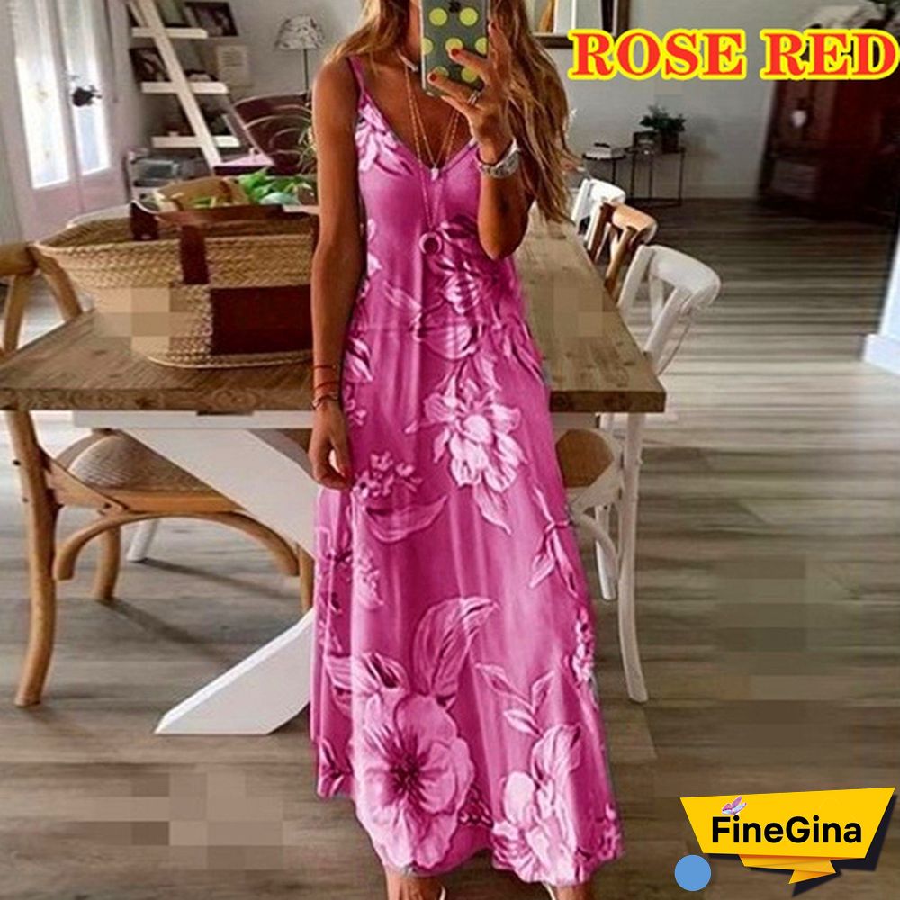 S-8XL Plus Size Vrouwen Maxi Jurk Zomer Casual Sexy Boho Gedrukt Lange Jurk Mouwloze V-hals Kleding Jurk Losse Vestido
