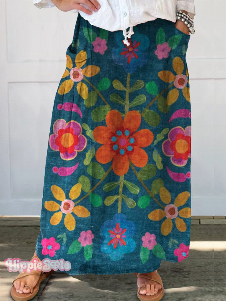 Women&rsquo;s Colorful Retro Floral Art Linen Pocket Skirt Multicolor / S