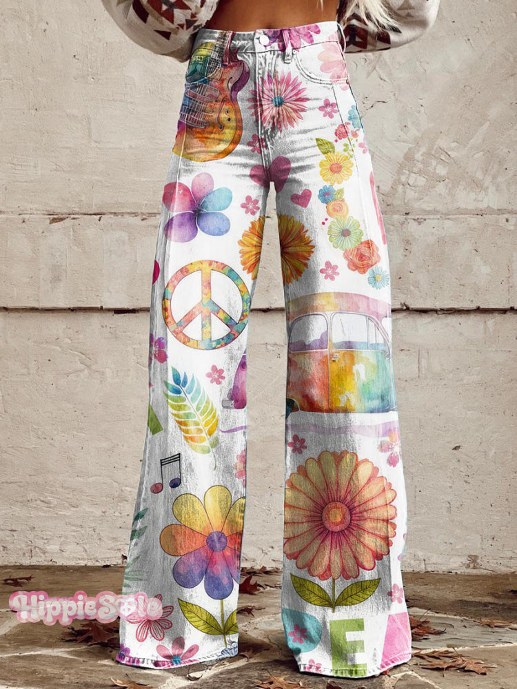 Women&rsquo;s Vintage Hippie Vibes Print Casual Wide Leg Pants Multicolor / S