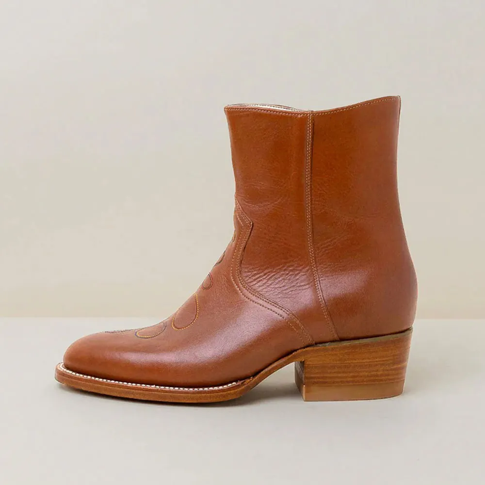 Short Closed Toe Block Heel Embroidered Tan Cowgirl Boots with Zipper