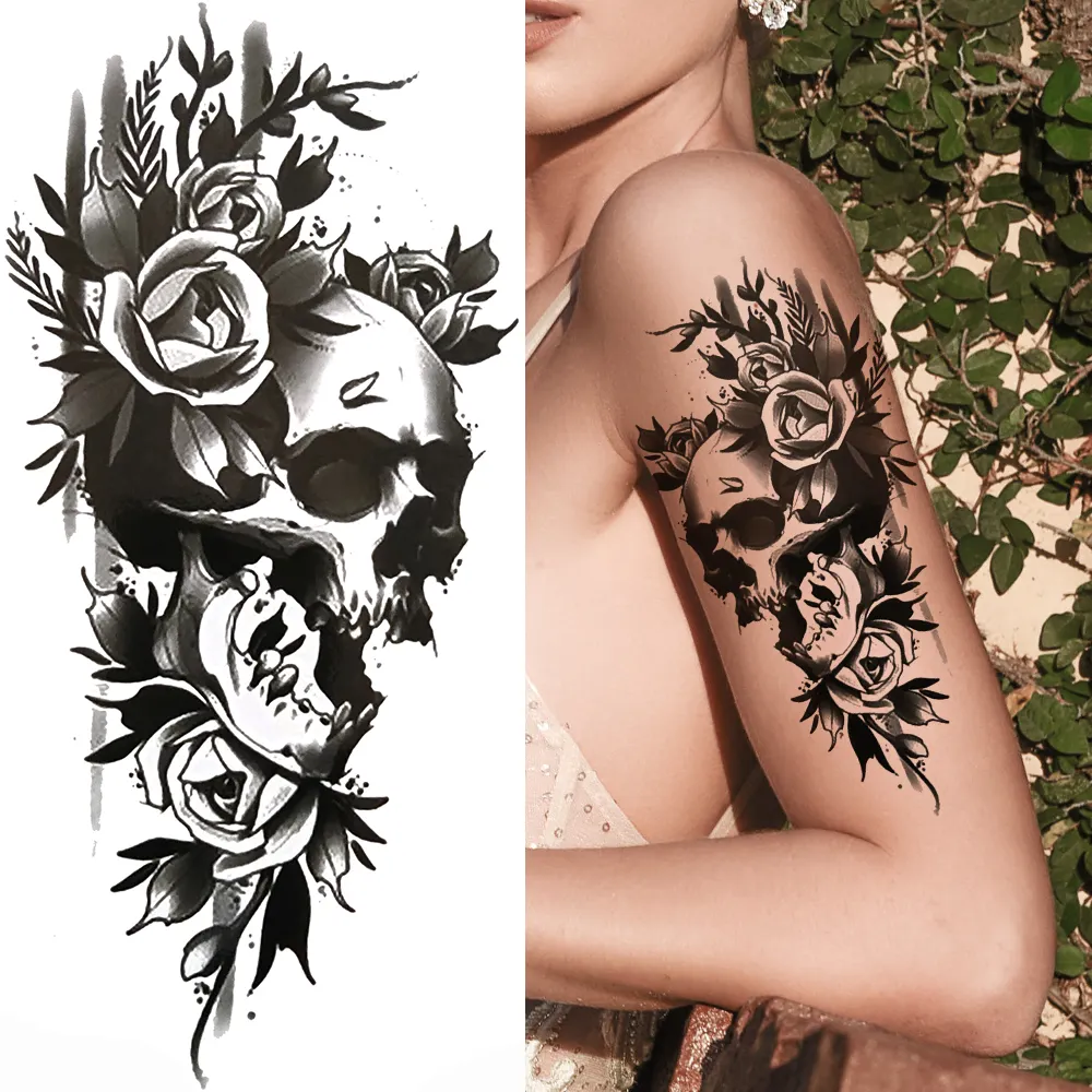 Sdrawing Lion Flower Temporary Tattoos For Women Men Kids Boy Black Tiger Skeleton Tattoo Sticker Fake Compass Tatoos Half Sleeve