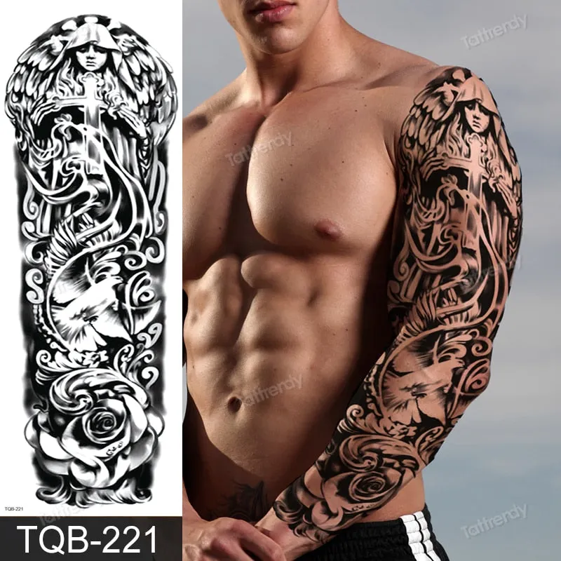 skull sleeve tattoo designs large full arm temporary tattoos for men boy tatoo fake waterproof tiger totem lion dragon pattern