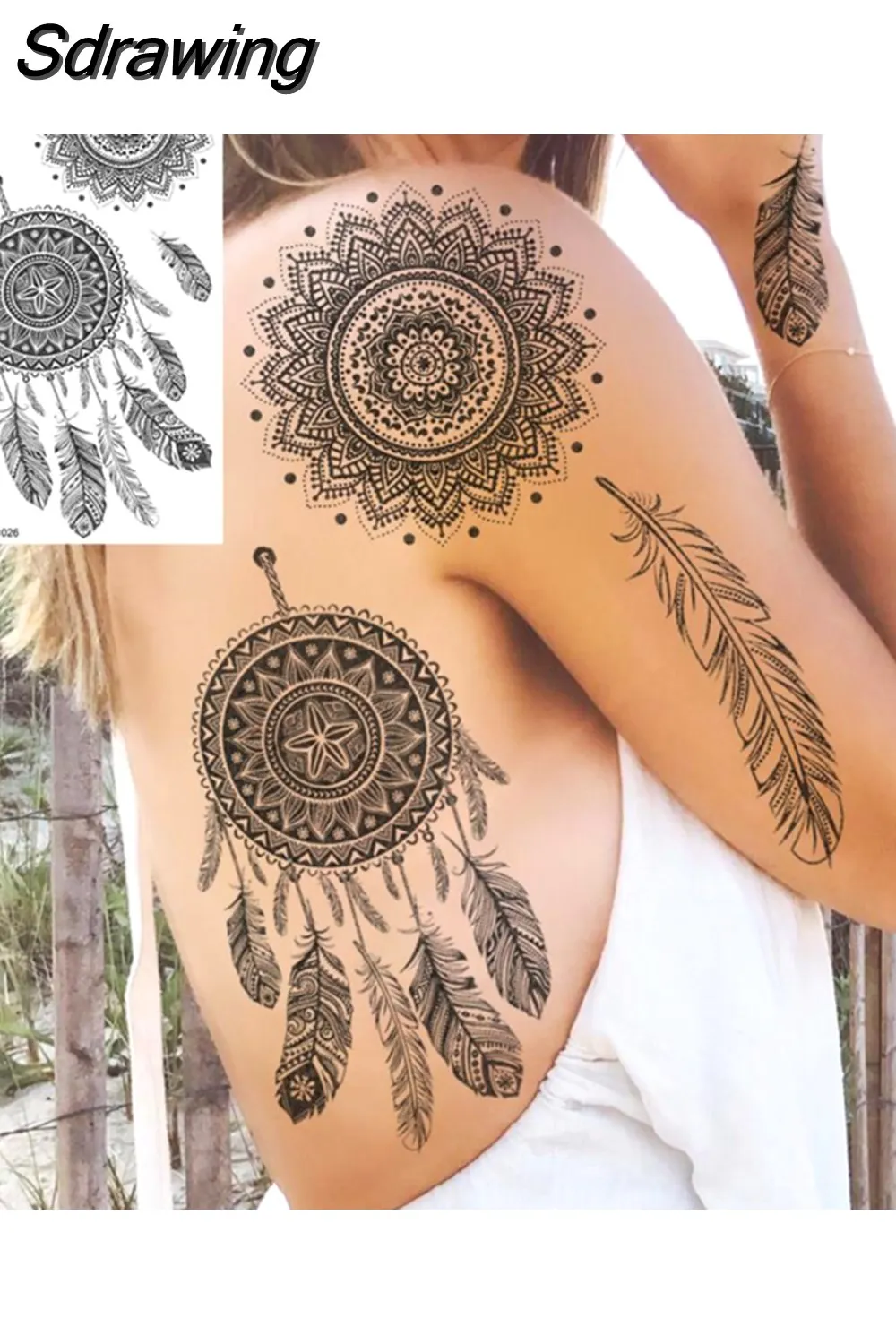 Sdrawing Peony Flower Temporary Tattoos For Women Adults Realistic Compass Moon Pendant Fake Tattoo Sticker Arm Body Tatoos 507-1