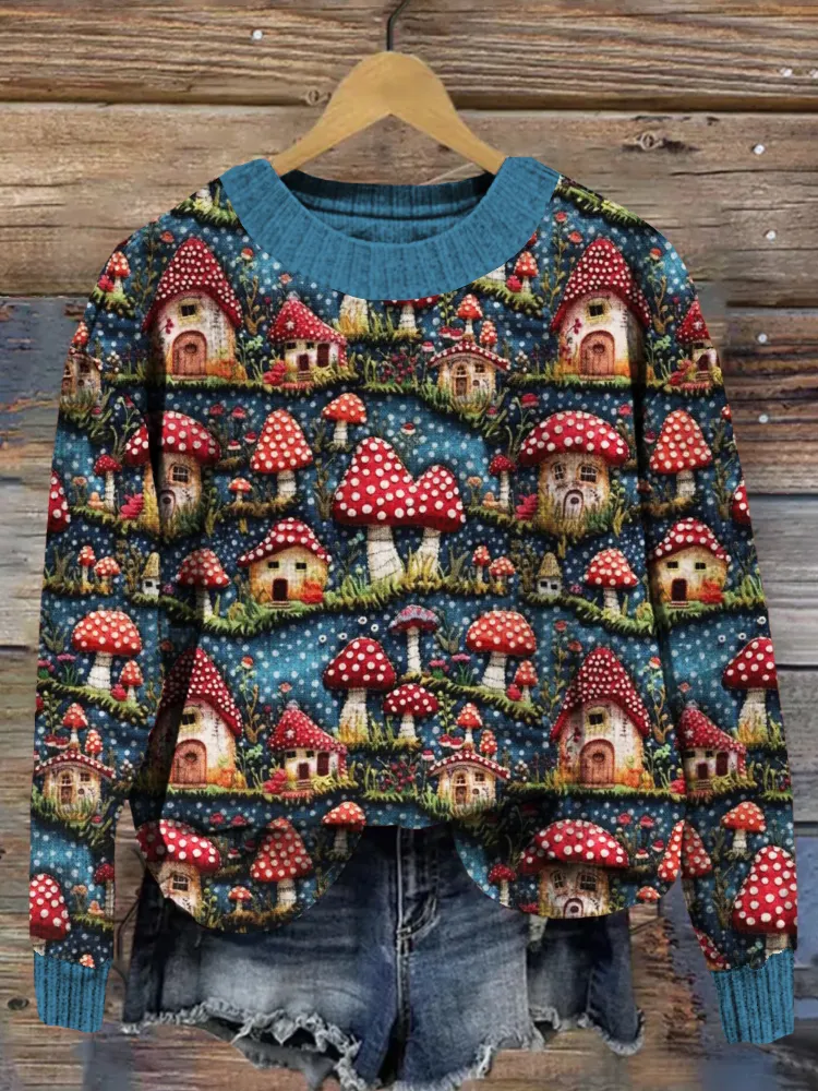 Red Mushroom House Fairy Garden Embroidery Art Cozy Sweater