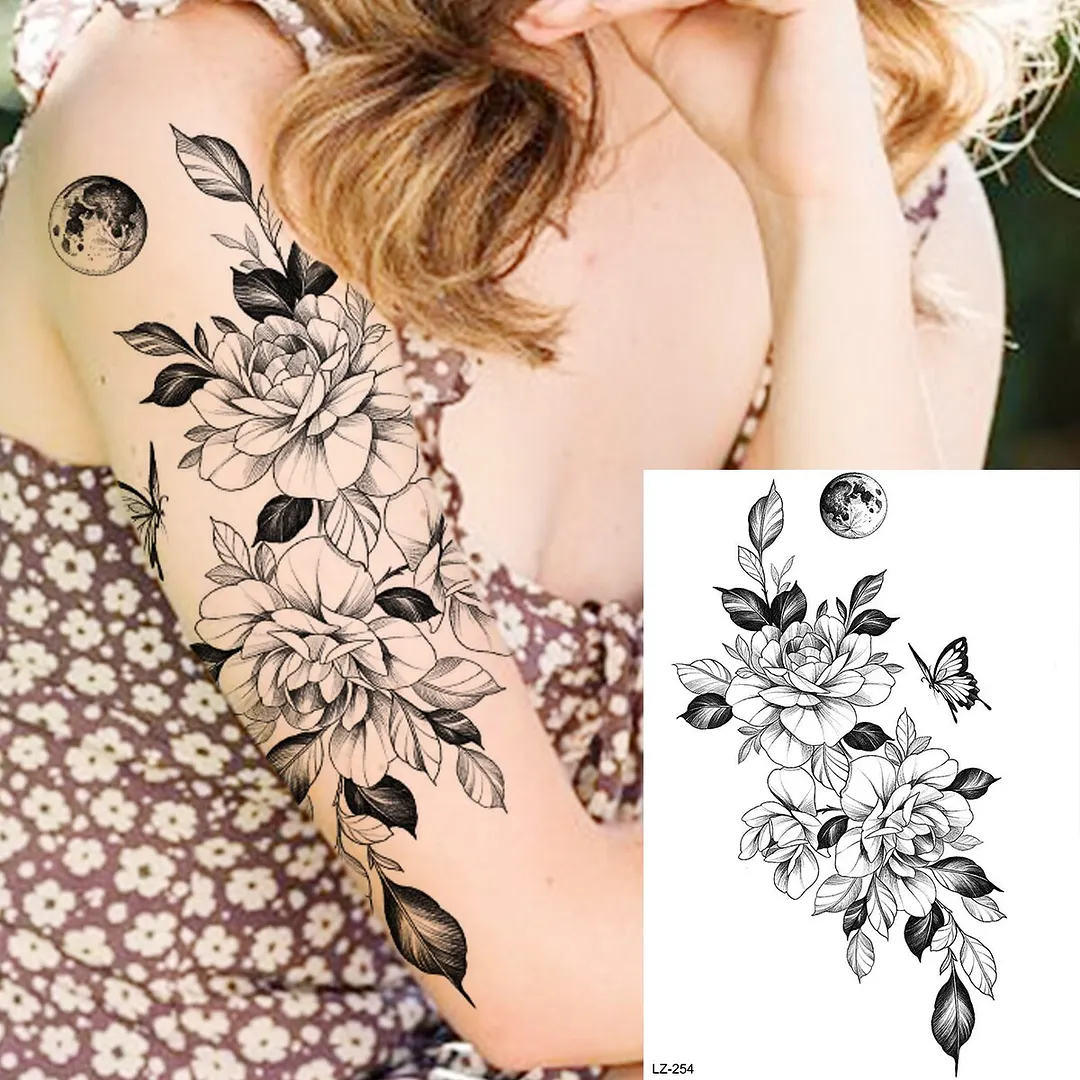 Sdrawing Peony Flower Temporary Tattoos For Women Adults Realistic Compass Moon Pendant Fake Tattoo Sticker Arm Body Tatoos