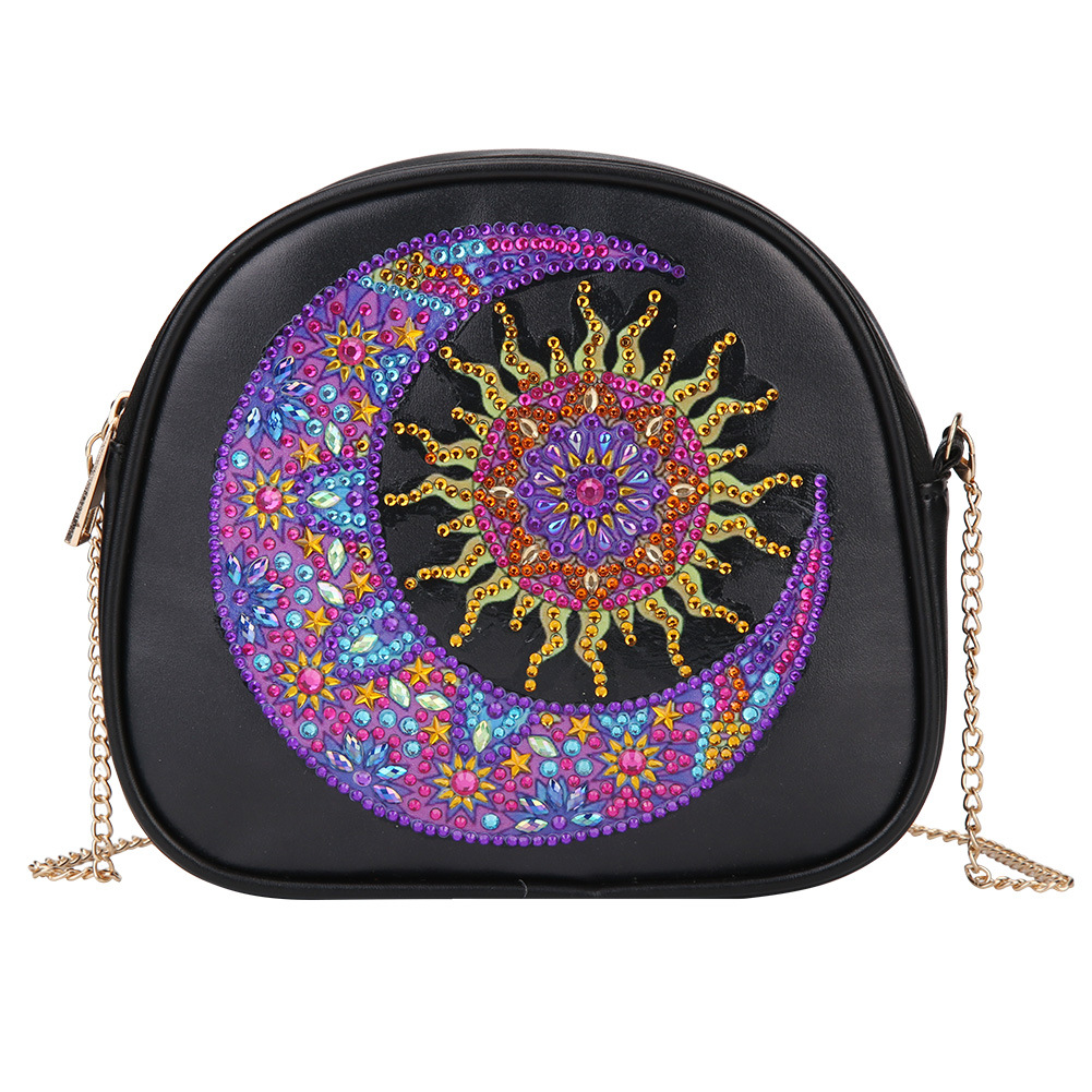 Cross Mirror Creative 5D DIY Diamond Painting Shoulder Chain Round Bag with Zipper, Moon Style